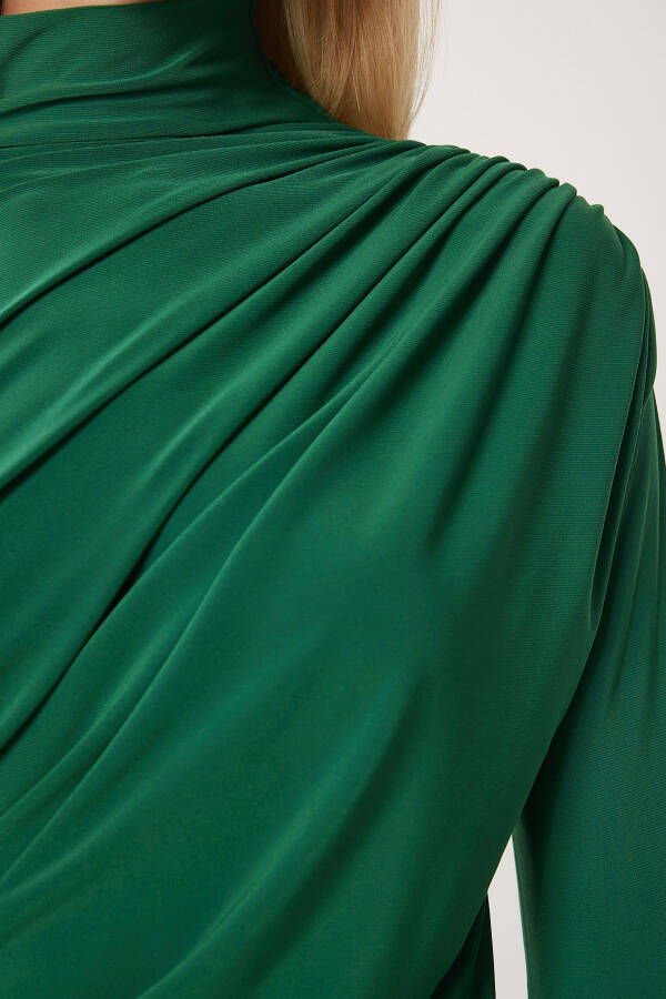 Woman Green Buckle Detail Stand Collar Sandy Blouse FF00135 - 4