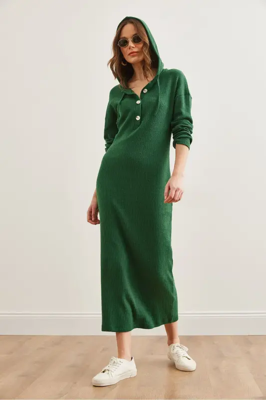 Woman Green Buttoned Hooded Oversize Ribbed Maxi - 4