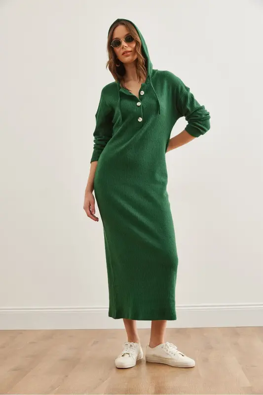 Woman Green Buttoned Hooded Oversize Ribbed Maxi - 5