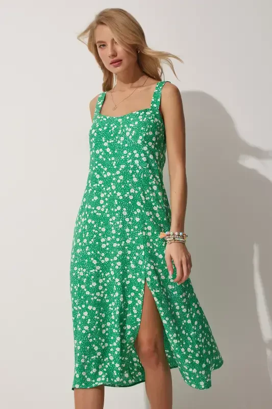 Woman Green Cream Square Neck Floral Summer Viscose Dress DD01208-Green Cream - 2