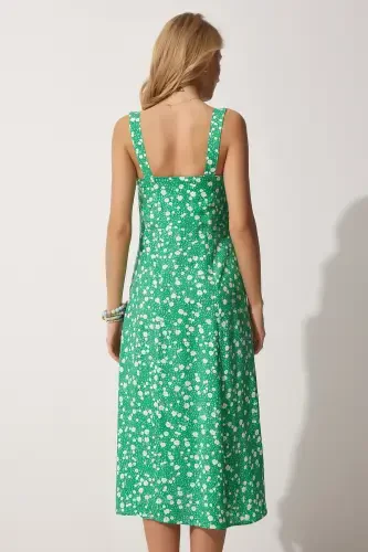 Woman Green Cream Square Neck Floral Summer Viscose Dress DD01208-Green Cream - 4