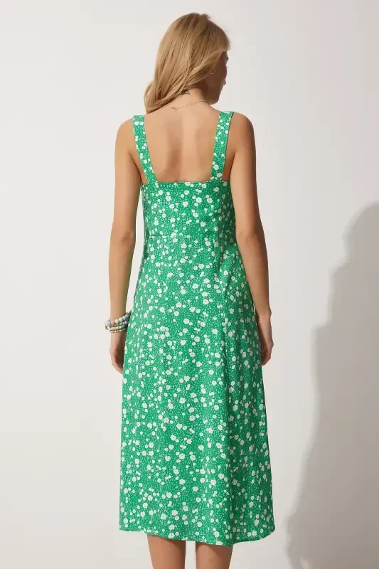 Woman Green Cream Square Neck Floral Summer Viscose Dress DD01208-Green Cream - 4