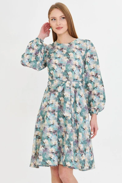 Woman Green Crew Neck Back Zippered Belted Long - ARMONIKA