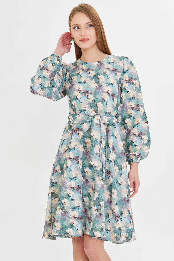 Woman Green Crew Neck Back Zippered Belted Long - 1