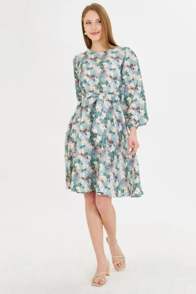 Woman Green Crew Neck Back Zippered Belted Long - ARMONIKA (1)