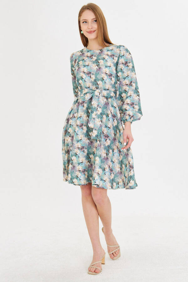 Woman Green Crew Neck Back Zippered Belted Long - 2