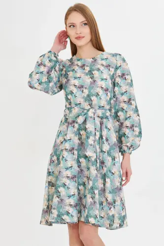 Woman Green Crew Neck Back Zippered Belted Long - 2