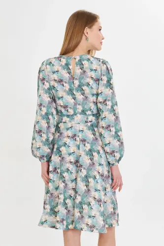 Woman Green Crew Neck Back Zippered Belted Long - 5