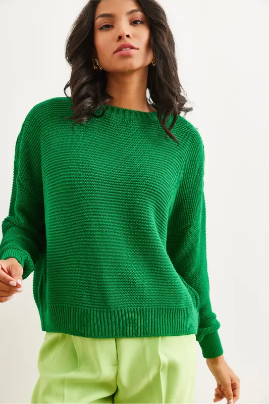 Woman Green Crew Neck Links Knitwear Sweater KZK-19000870-Green - 2