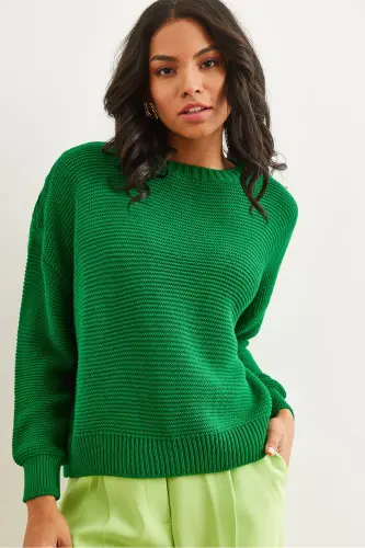 Woman Green Crew Neck Links Knitwear Sweater KZK-19000870-Green - 5
