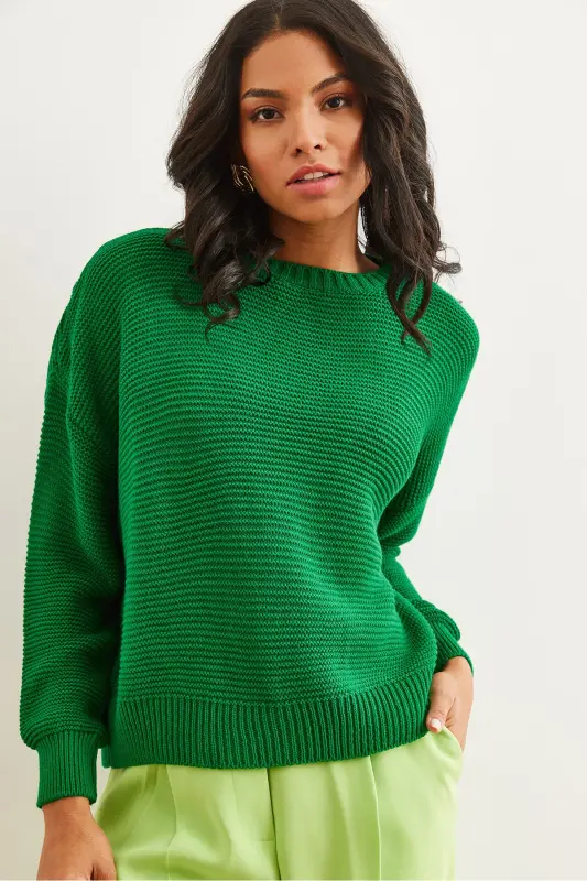 Woman Green Crew Neck Links Knitwear Sweater KZK-19000870-Green - 5