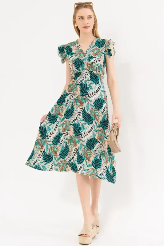 Woman Green Crossover Neck Ruffle Detail on The Shoulder Elastic Waist Midi Dress ARM-24Y001020-Green - 1