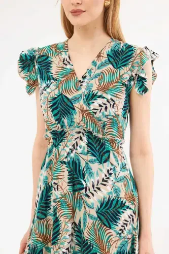 Woman Green Crossover Neck Ruffle Detail on The Shoulder Elastic Waist Midi Dress ARM-24Y001020-Green - ARMONIKA (1)