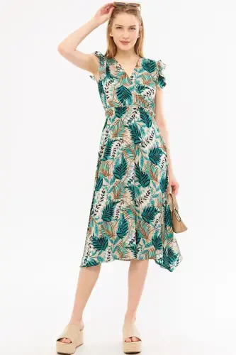 Woman Green Crossover Neck Ruffle Detail on The Shoulder Elastic Waist Midi Dress ARM-24Y001020-Green - 3