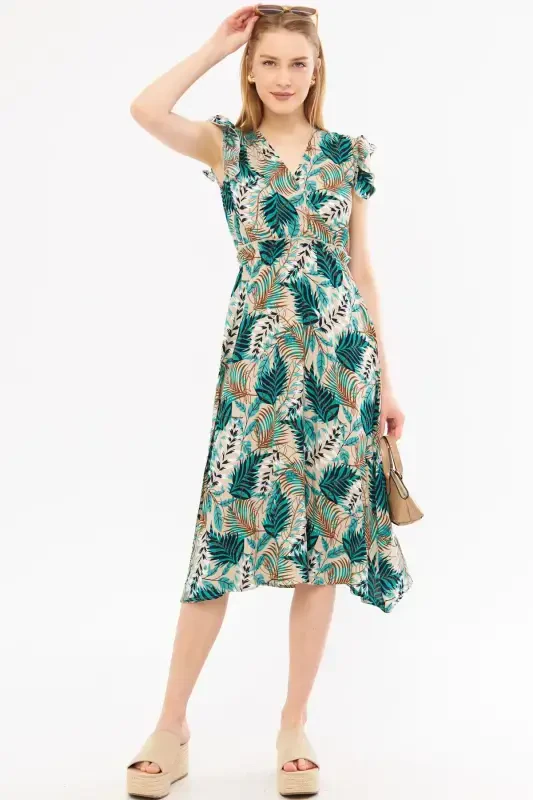 Woman Green Crossover Neck Ruffle Detail on The Shoulder Elastic Waist Midi Dress ARM-24Y001020-Green - 3