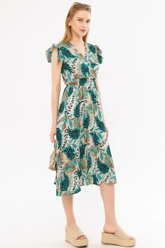 Woman Green Crossover Neck Ruffle Detail on The Shoulder Elastic Waist Midi Dress ARM-24Y001020-Green - 4