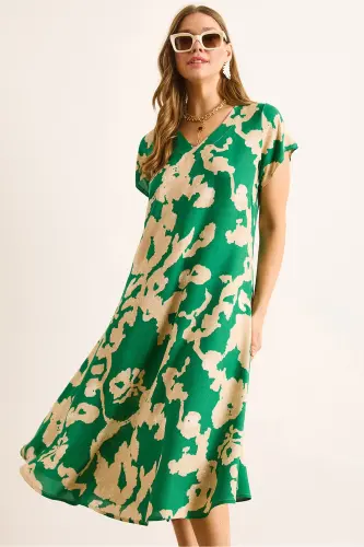 Woman Green Ecru V Neck Patterned Woven Viscose Midi Bell Dress ELB-19002443-Green Ecru 