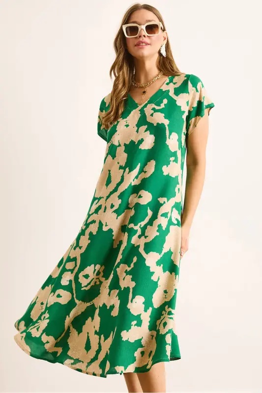 Woman Green Ecru V Neck Patterned Woven Viscose Midi Bell Dress ELB-19002443-Green Ecru - OLALOOK