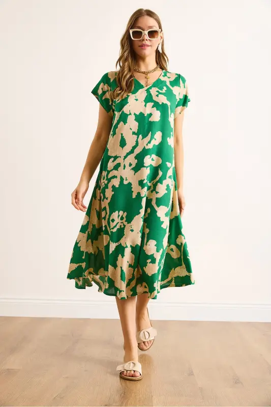 Woman Green Ecru V Neck Patterned Woven Viscose Midi Bell Dress ELB-19002443-Green Ecru - 2