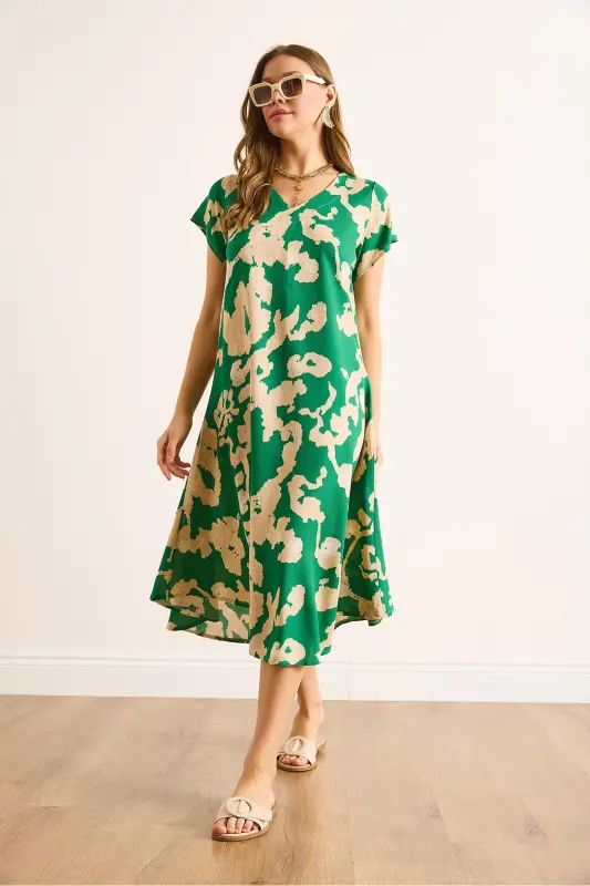 Woman Green Ecru V Neck Patterned Woven Viscose Midi Bell Dress ELB-19002443-Green Ecru - 3