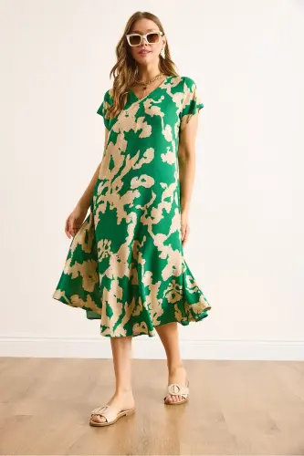 Woman Green Ecru V Neck Patterned Woven Viscose Midi Bell Dress ELB-19002443-Green Ecru - 4