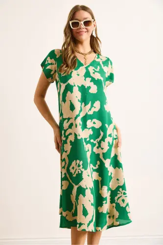 Woman Green Ecru V Neck Patterned Woven Viscose Midi Bell Dress ELB-19002443-Green Ecru - 5