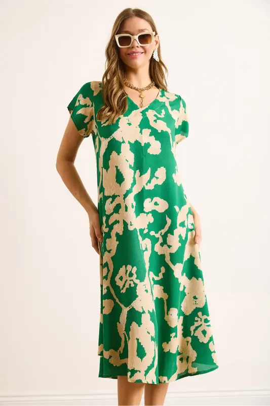 Woman Green Ecru V Neck Patterned Woven Viscose Midi Bell Dress ELB-19002443-Green Ecru - 5