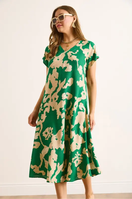 Woman Green Ecru V Neck Patterned Woven Viscose Midi Bell Dress ELB-19002443-Green Ecru - 6