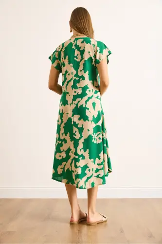 Woman Green Ecru V Neck Patterned Woven Viscose Midi Bell Dress ELB-19002443-Green Ecru - 7