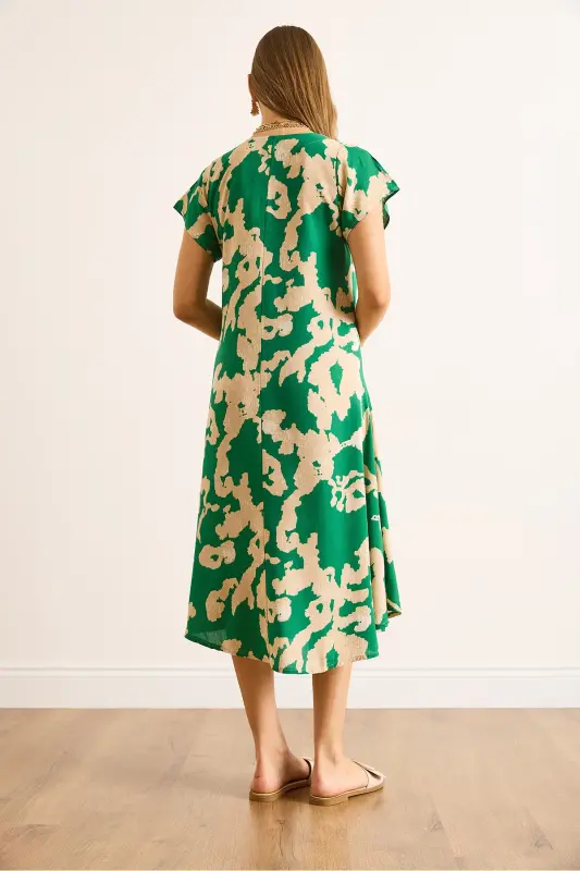 Woman Green Ecru V Neck Patterned Woven Viscose Midi Bell Dress ELB-19002443-Green Ecru - 7