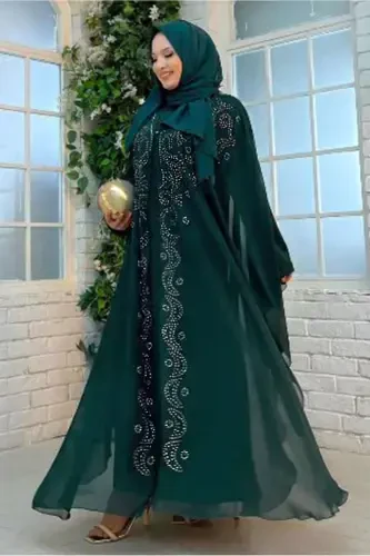 Woman Green (EMERALD) Embroidered Tulle Double Ferace Suit T 6773-GREEN (EMERALD) - 3