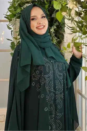 Woman Green (EMERALD) Embroidered Tulle Double Ferace Suit T 6773-GREEN (EMERALD) - 4