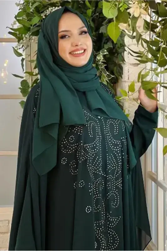 Woman Green (EMERALD) Embroidered Tulle Double Ferace Suit T 6773-GREEN (EMERALD) - 4