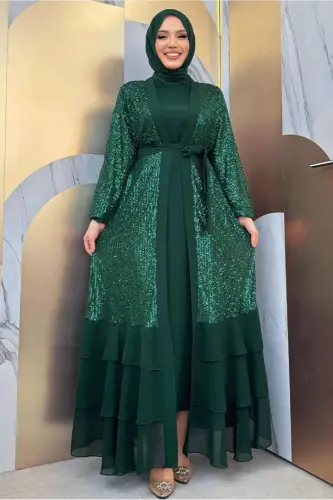 Woman Green (EMERALD) Sequin Evening Dress Set T 3848-GREEN (EMERALD) 