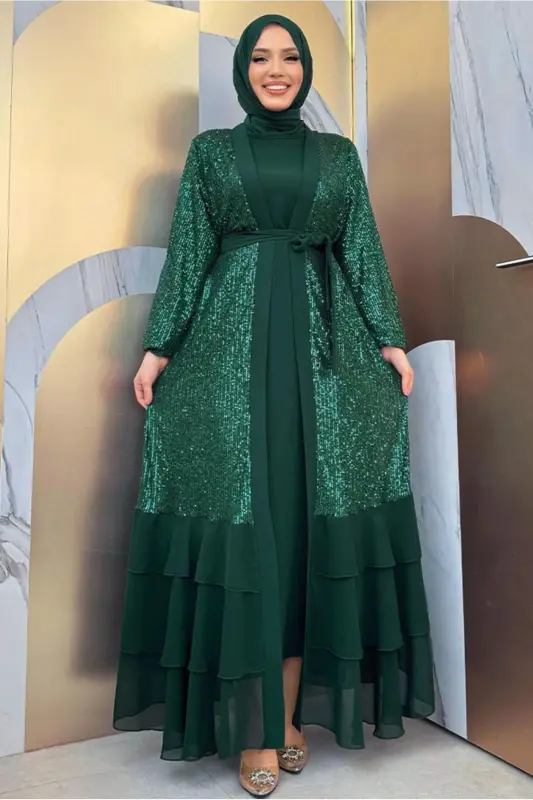 Woman Green (EMERALD) Sequin Evening Dress Set T 3848-GREEN (EMERALD) - 1