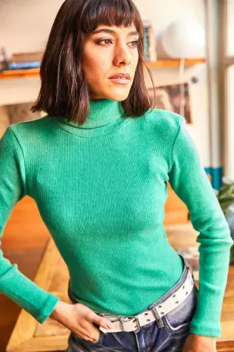 Woman Green Fisherman Collar Brushed Corset Sweater KZK-19000395-Green - OLALOOK (1)