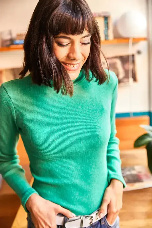 Woman Green Fisherman Collar Brushed Corset Sweater KZK-19000395-Green - 3