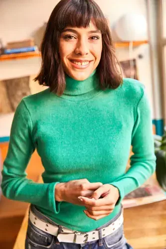 Woman Green Fisherman Collar Brushed Corset Sweater KZK-19000395-Green - 4