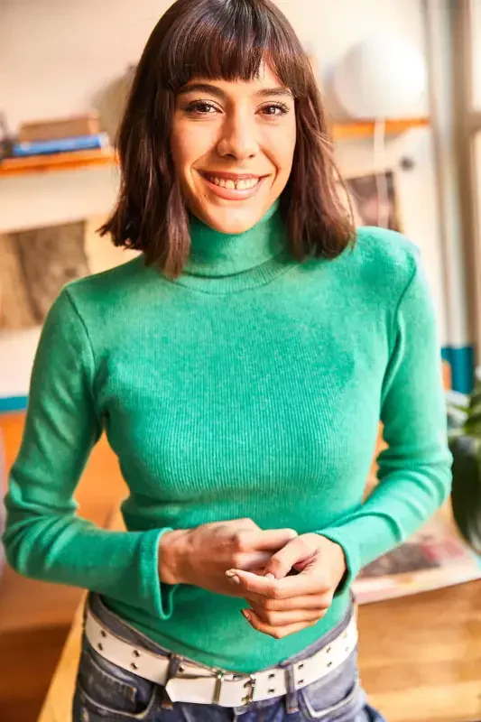 Woman Green Fisherman Collar Brushed Corset Sweater KZK-19000395-Green - 4