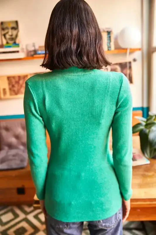Woman Green Fisherman Collar Brushed Corset Sweater KZK-19000395-Green - 5