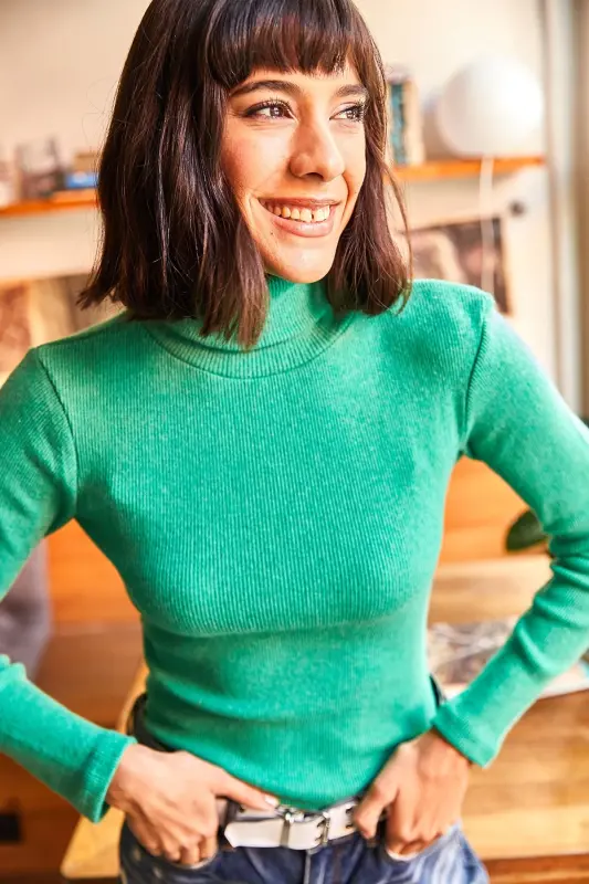 Woman Green Fisherman Collar Brushed Corset Sweater KZK-19000395-Green - OLALOOK