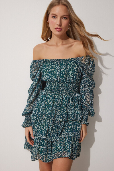 Woman Green Floral Carmen Collar Chiffon Dress DK001 - 2