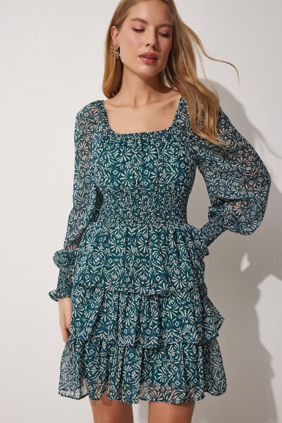 Woman Green Floral Carmen Collar Chiffon Dress DK001 - 4