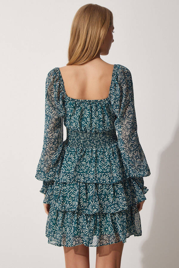 Woman Green Floral Carmen Collar Chiffon Dress DK001 - 5