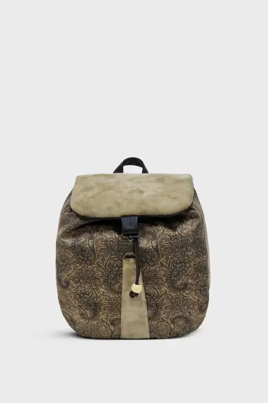 Woman Green Handmade Backpack-Beige Shawl - 1