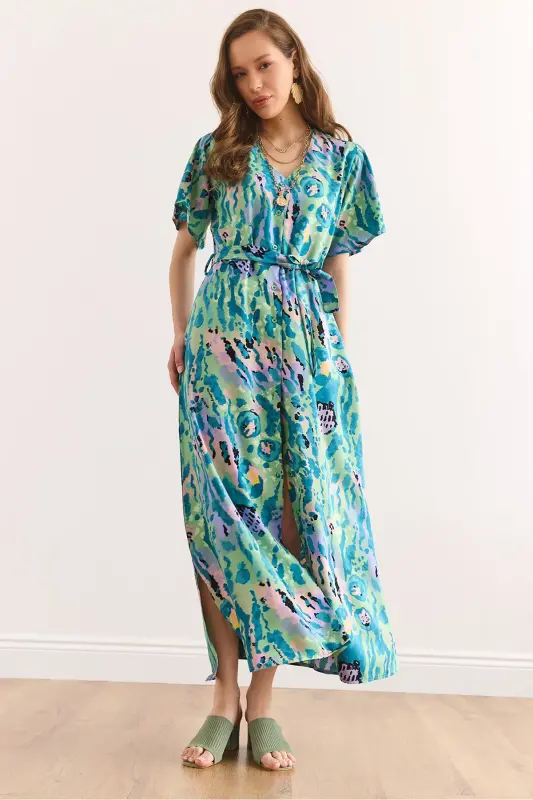 Woman Green Lilac Buttoned Belted Maxi Viscose Shirt Dress Elb-19002382-Green Lilac - OLALOOK