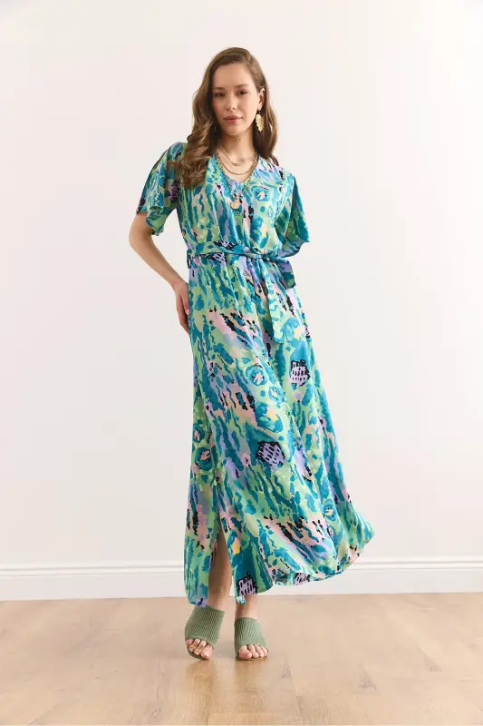 Woman Green Lilac Buttoned Belted Maxi Viscose Shirt Dress Elb-19002382-Green Lilac - 2