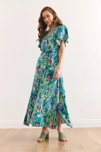 Woman Green Lilac Buttoned Belted Maxi Viscose Shirt Dress Elb-19002382-Green Lilac - 3