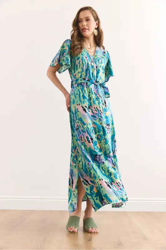 Woman Green Lilac Buttoned Belted Maxi Viscose Shirt Dress Elb-19002382-Green Lilac - 4