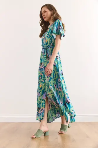 Woman Green Lilac Buttoned Belted Maxi Viscose Shirt Dress Elb-19002382-Green Lilac - 5